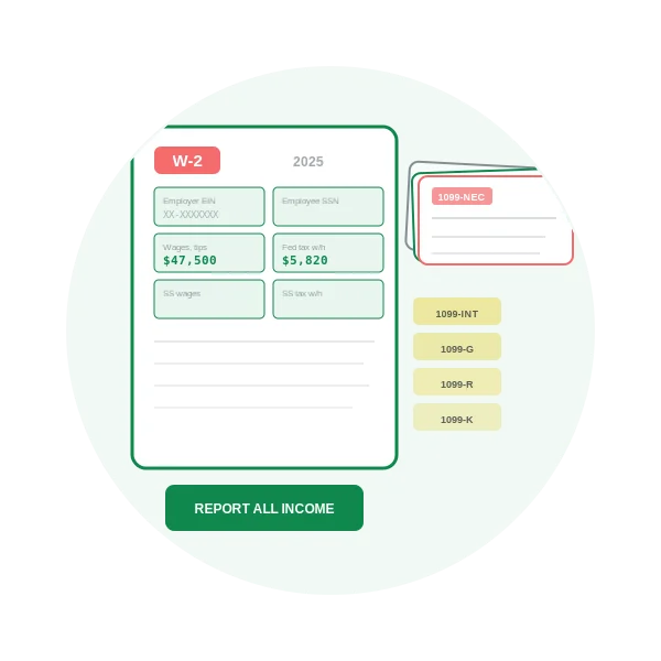 Formulario de salarios W-2 y documentos de ingresos 1099 para reportar todas las ganancias al presentar taxes