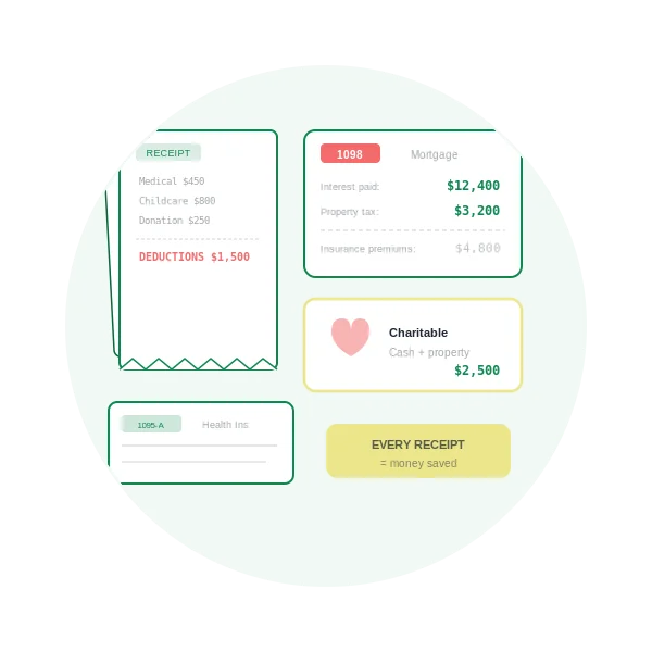 Receipts, mortgage form 1098, charitable donations, and health insurance records for tax deductions